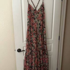 Astr Pink and Green Tiered Ruffled Maxi Sundress